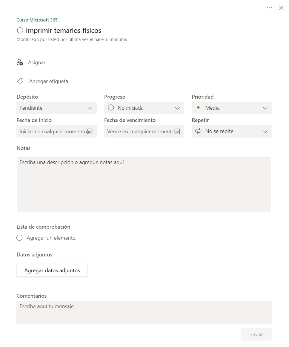 Tareas, características avanzadas de las tareas, como prioridades, depósitos, fechas de inicio y repetición, notas, listas, archivos adjuntos y más